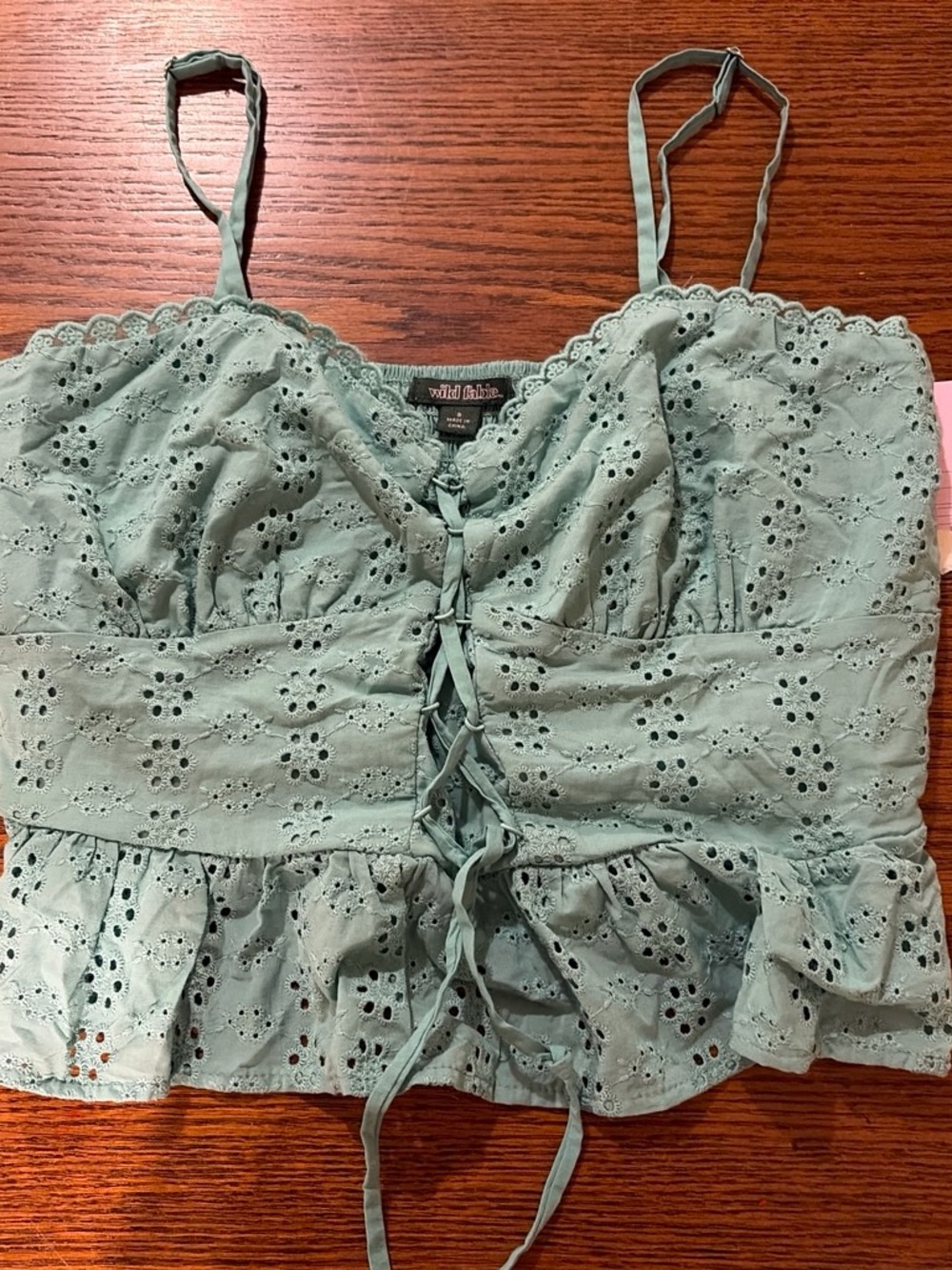 wild fable Mint Green Eyelet Lace-Up Cropped Cami